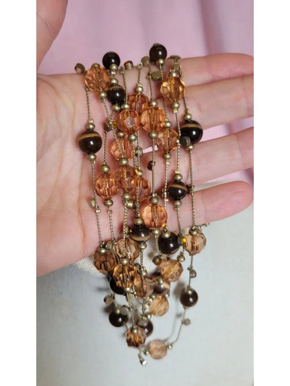 Two-toned Brown Cats Eye Layered Faceted Orange Rhinestone Costume Necklace N1A
